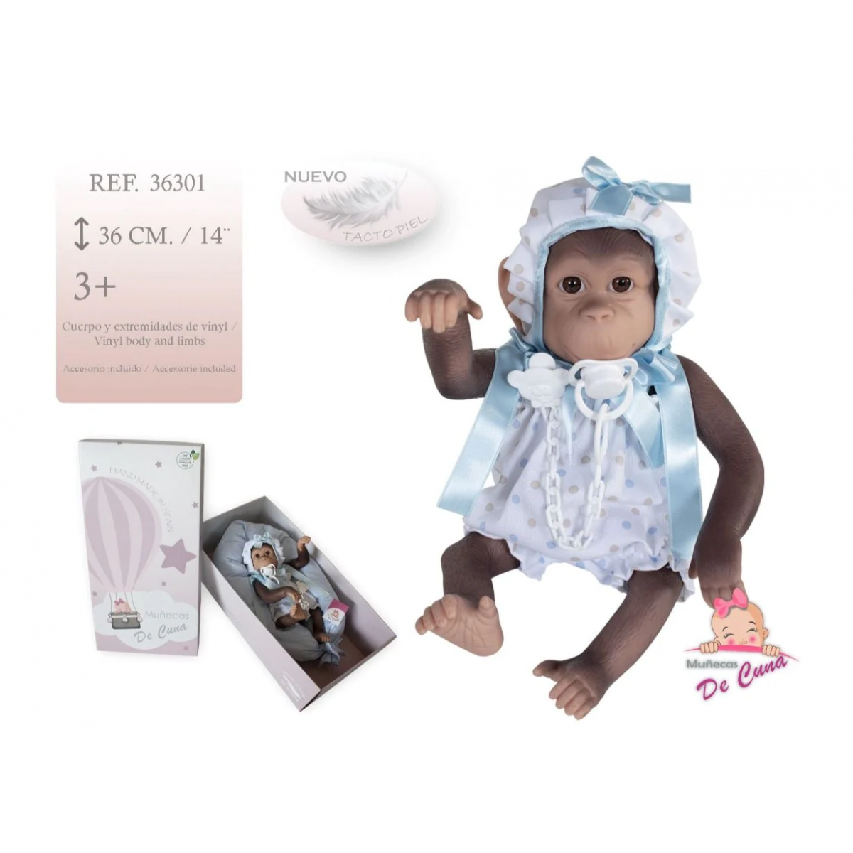 REBORN SCIMMIETTA AZZURRA CON CUCCIO E CUSCINO 36301