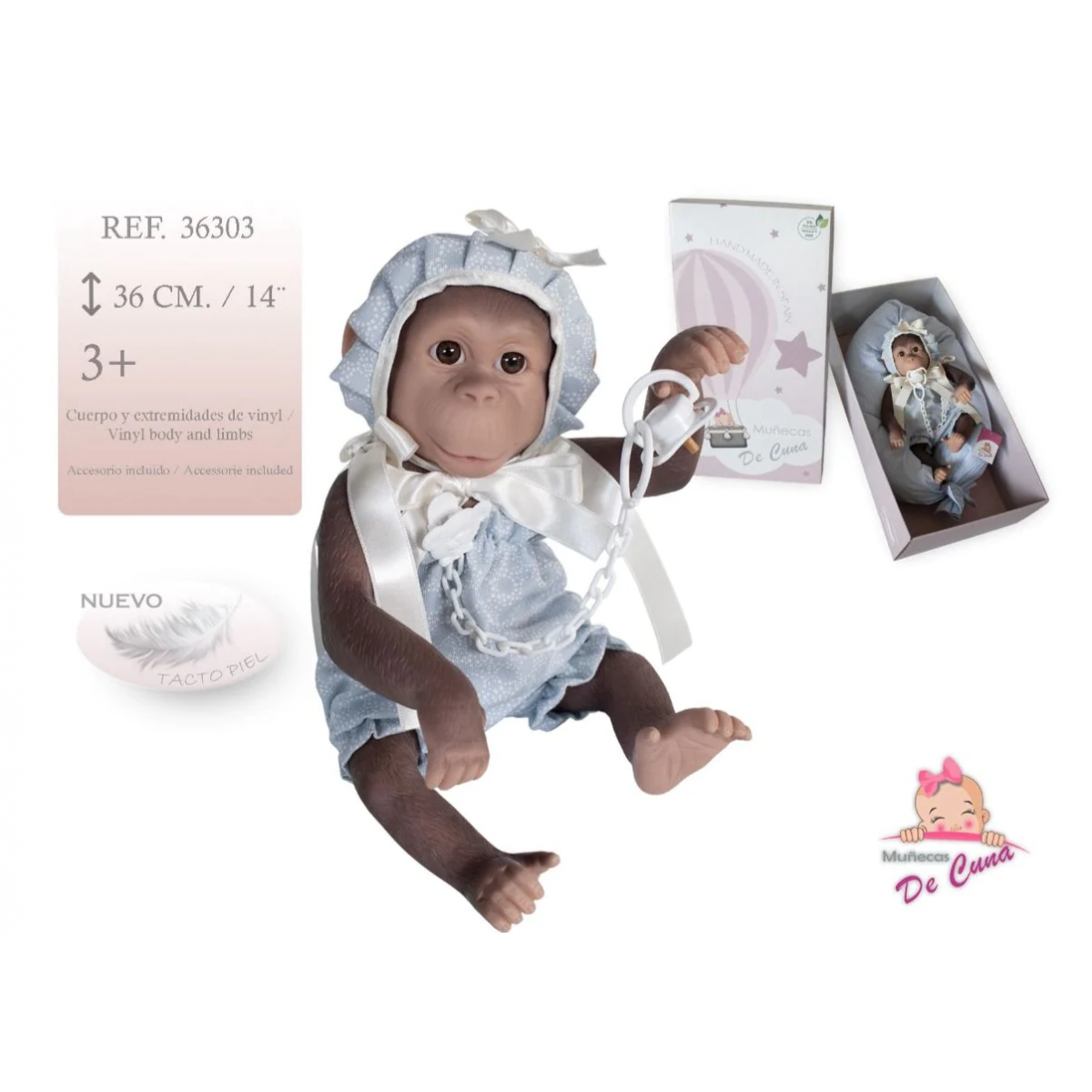 REBORN SCIMMIETTA AZZURRA CON CUCCIO E CUSCINO 36CM. 36303