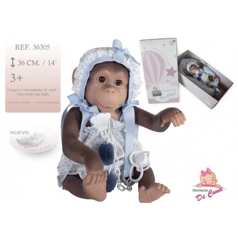 REBORN SCIMMIETTA AZZURRA CON CUCCIO E CUSCINO 36CM. 36305