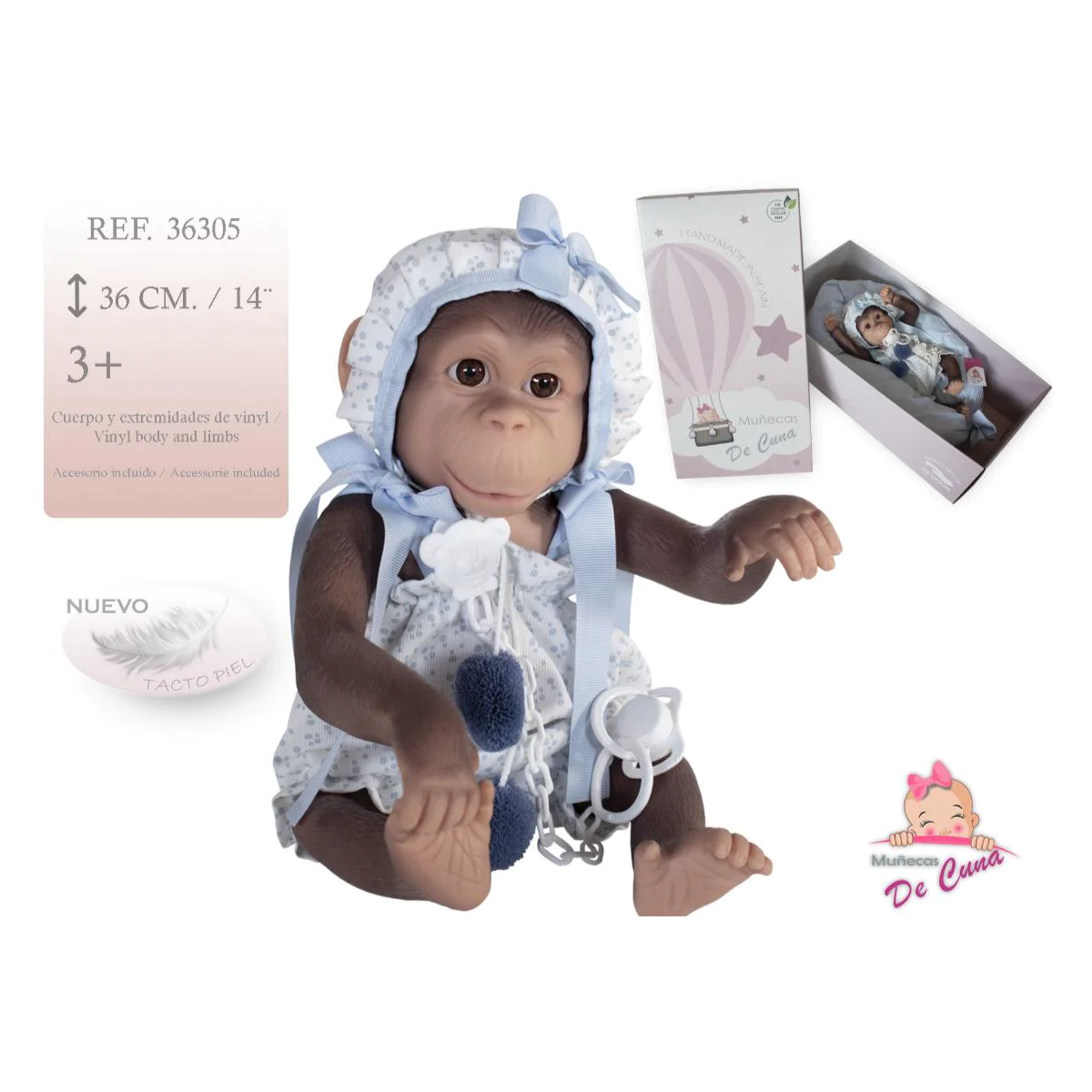 REBORN SCIMMIETTA AZZURRA CON CUCCIO E CUSCINO 36CM. 36305